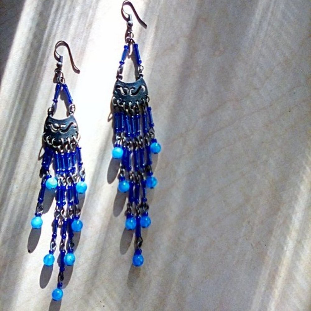 Exotic Royal Blue 7 Strand beaded Earrings 5" long